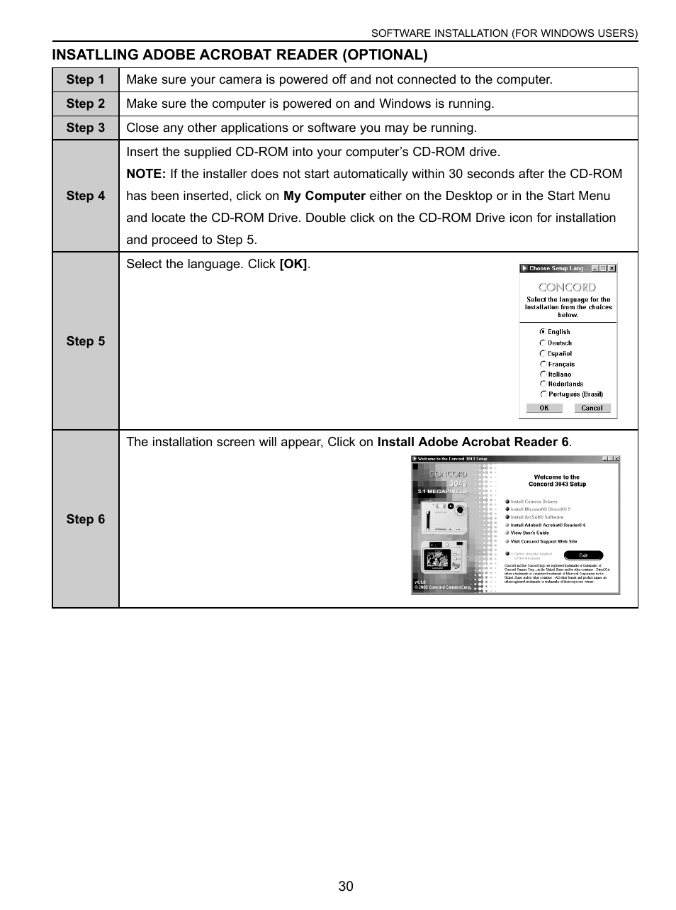 Installing adobe acrobat reader (optional) | Concord Camera 3043 User Manual | Page 31 / 50