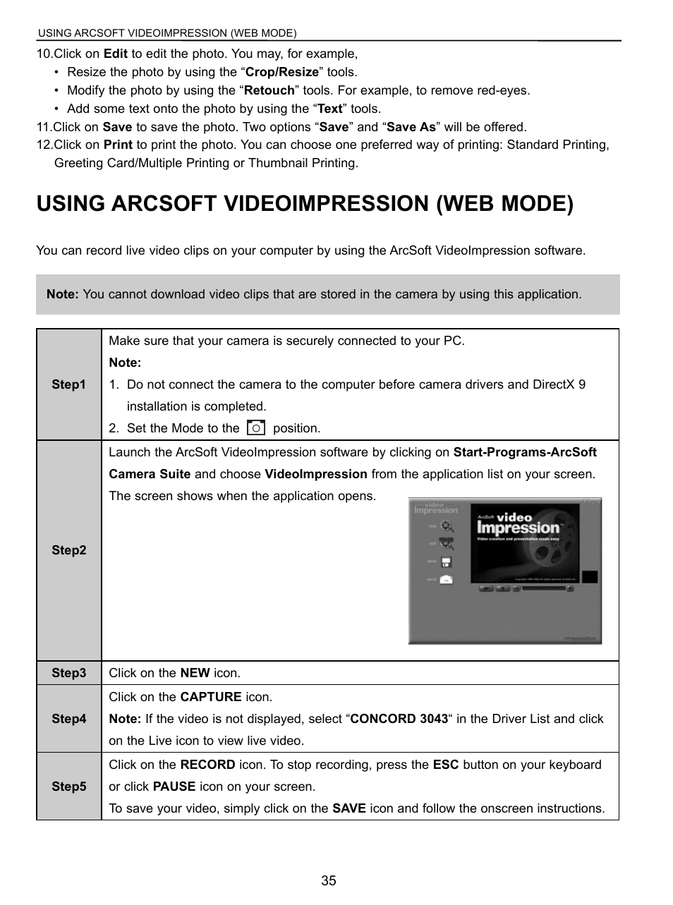 Using arcsoft videoimpression, Using arcsoft videoimpression (web mode) | Concord Camera 3043 User Manual | Page 36 / 50