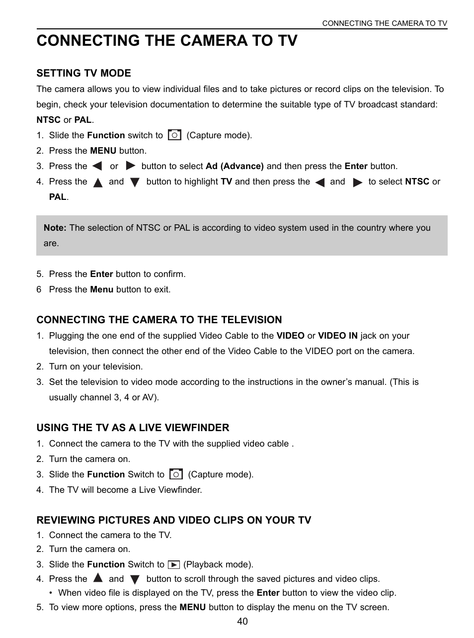 Connecting the camera to tv, Setting tv mode, Connecting the camera to the television | Using the tv as a live viewfinder, Reviewing pictures and video clips on your tv | Concord Camera 3043 User Manual | Page 41 / 50