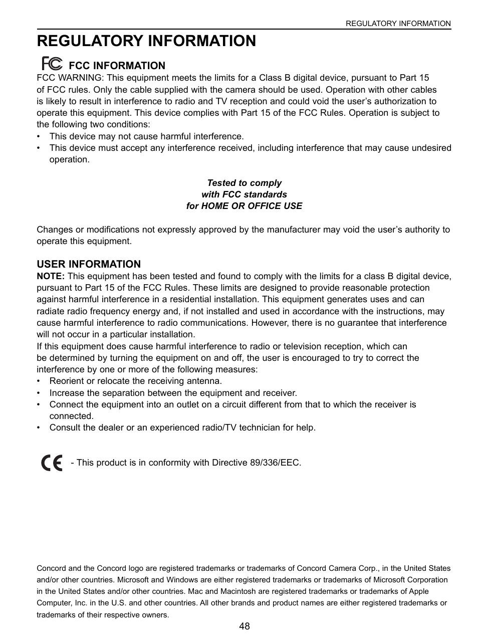 Regulatory information | Concord Camera 3043 User Manual | Page 49 / 50