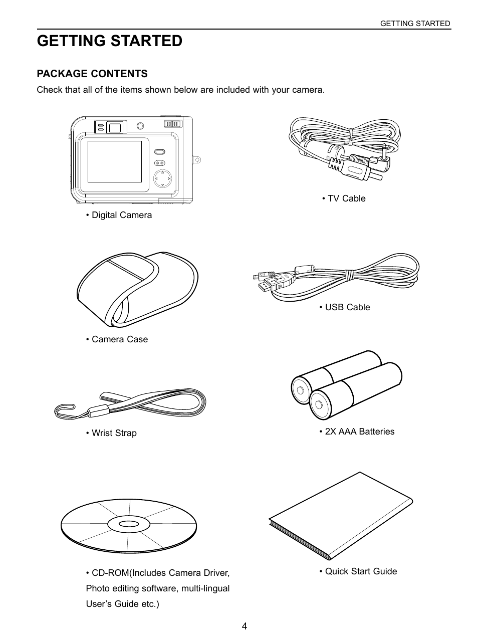 Getting started, Package contents | Concord Camera 3043 User Manual | Page 5 / 50