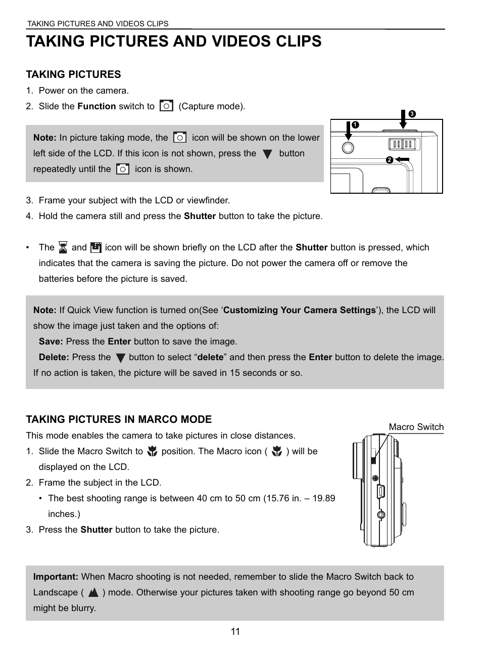 Taking pictures and videos clips | Concord Camera C 3.1 SL User Manual | Page 12 / 50