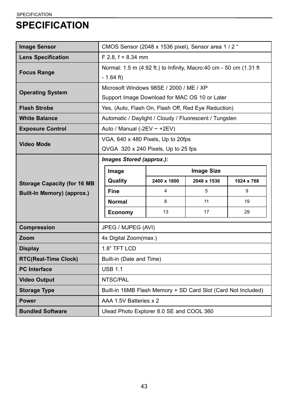 Specification | Concord Camera C 3.1 SL User Manual | Page 44 / 50