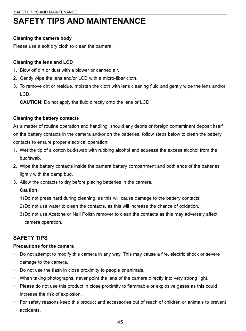 Safety tips and maintenance | Concord Camera C 3.1 SL User Manual | Page 46 / 50
