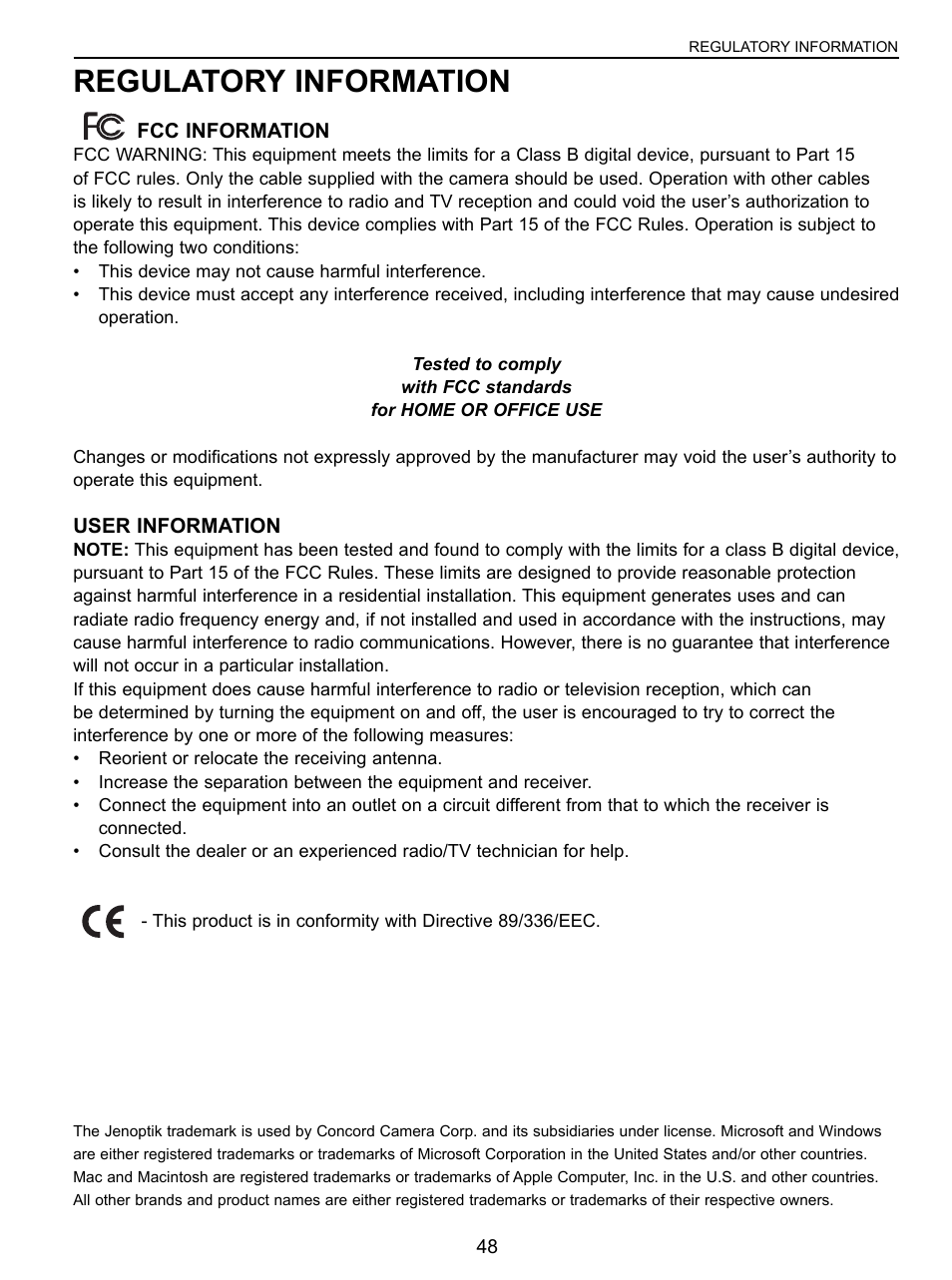 Regulatory information | Concord Camera C 3.1 SL User Manual | Page 49 / 50