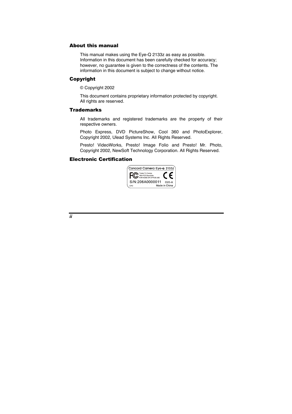Concord Camera Eye-Q 2133z User Manual | Page 2 / 60