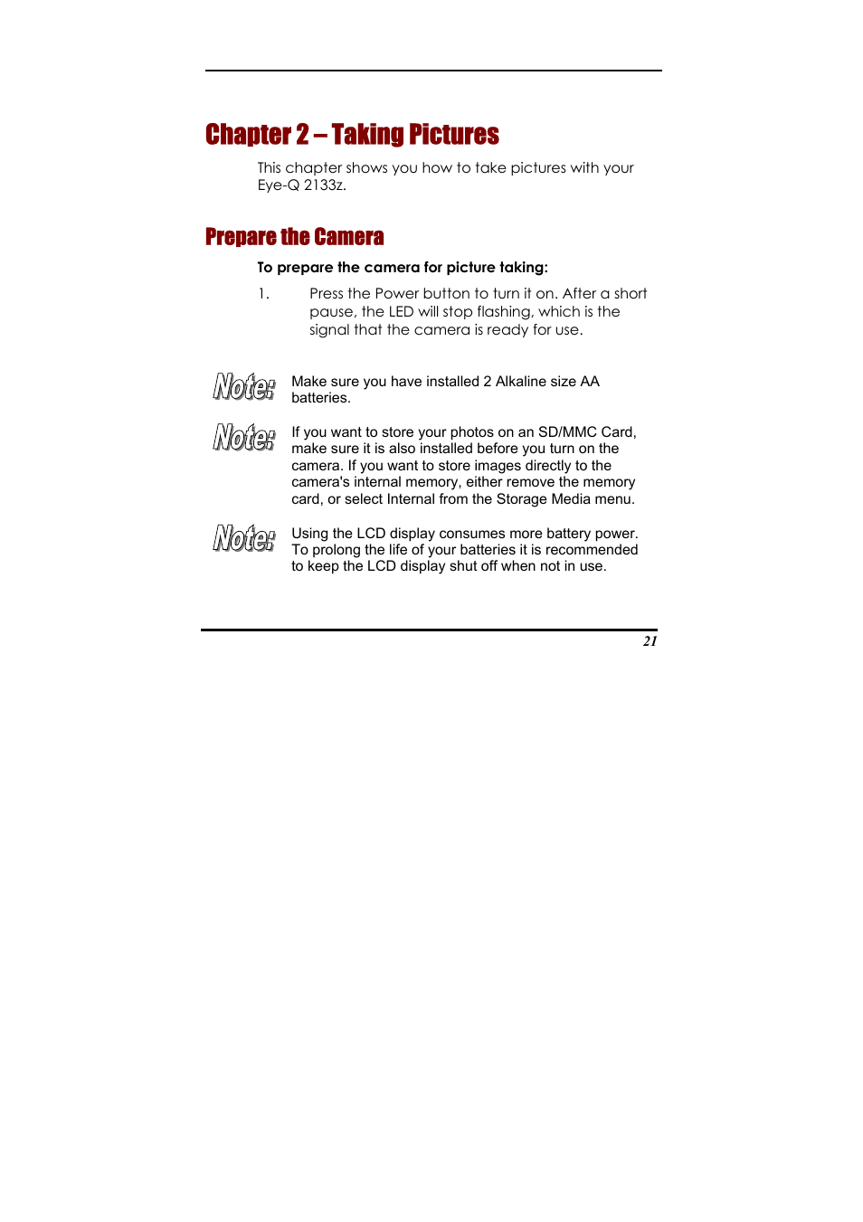 Chapter 2 – taking pictures, Prepare the camera, Chap | Ter 2 – taking pictures | Concord Camera Eye-Q 2133z User Manual | Page 25 / 60