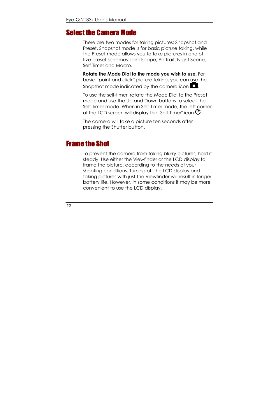 Select the camera mode, Frame the shot | Concord Camera Eye-Q 2133z User Manual | Page 26 / 60