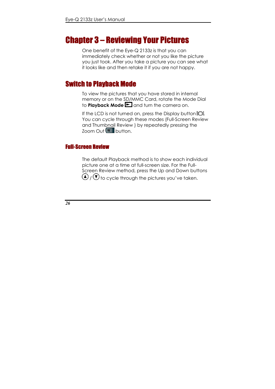 Chapter 3 – reviewing your pictures, Switch to playback mode, Full-screen review | Chap, Ter 3 – reviewing your pictures, Switc, H to playback mode | Concord Camera Eye-Q 2133z User Manual | Page 30 / 60