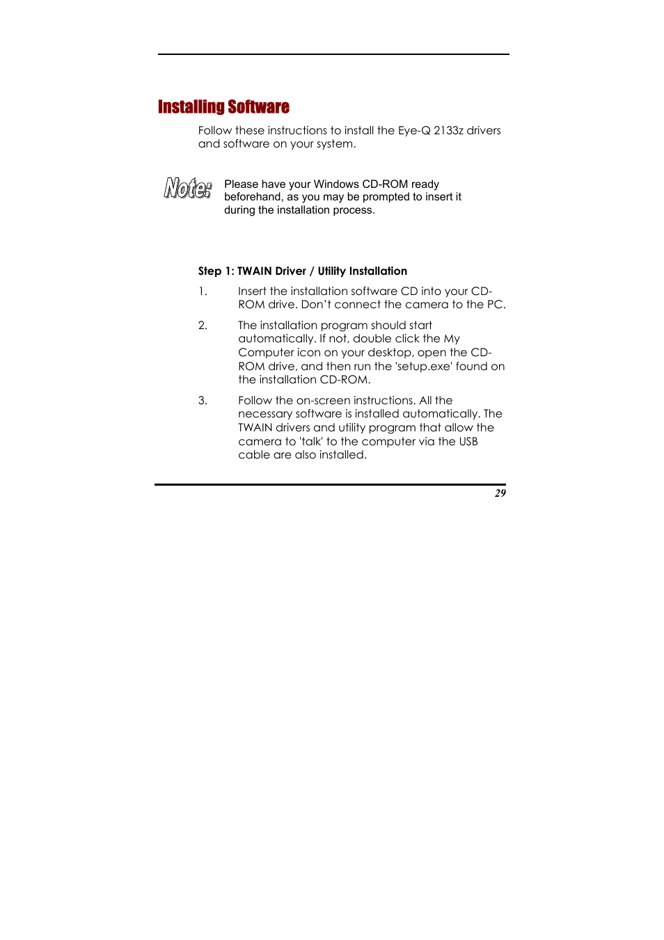 Installing software, Ing the lcd display, Instal | Ling software | Concord Camera Eye-Q 2133z User Manual | Page 33 / 60