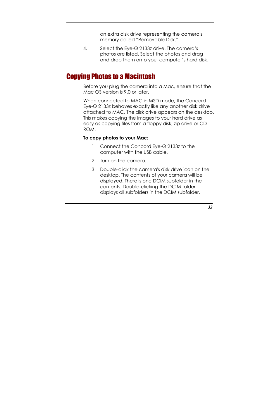 Copying photos to a macintosh, Appen, Dix 2 – troubleshooting | Concord Camera Eye-Q 2133z User Manual | Page 37 / 60