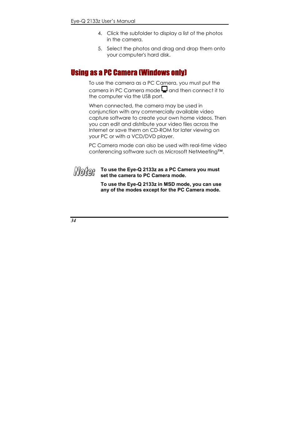 Using as a pc camera (windows only) | Concord Camera Eye-Q 2133z User Manual | Page 38 / 60
