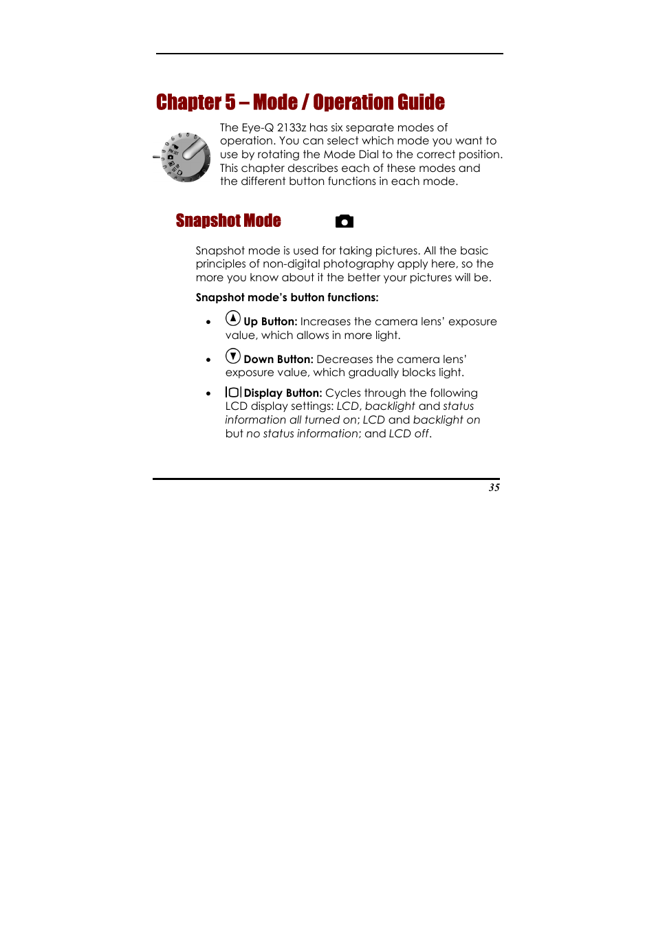 Chapter 5 – mode / operation guide, Snapshot mode, Apshot mode | Concord Camera Eye-Q 2133z User Manual | Page 39 / 60