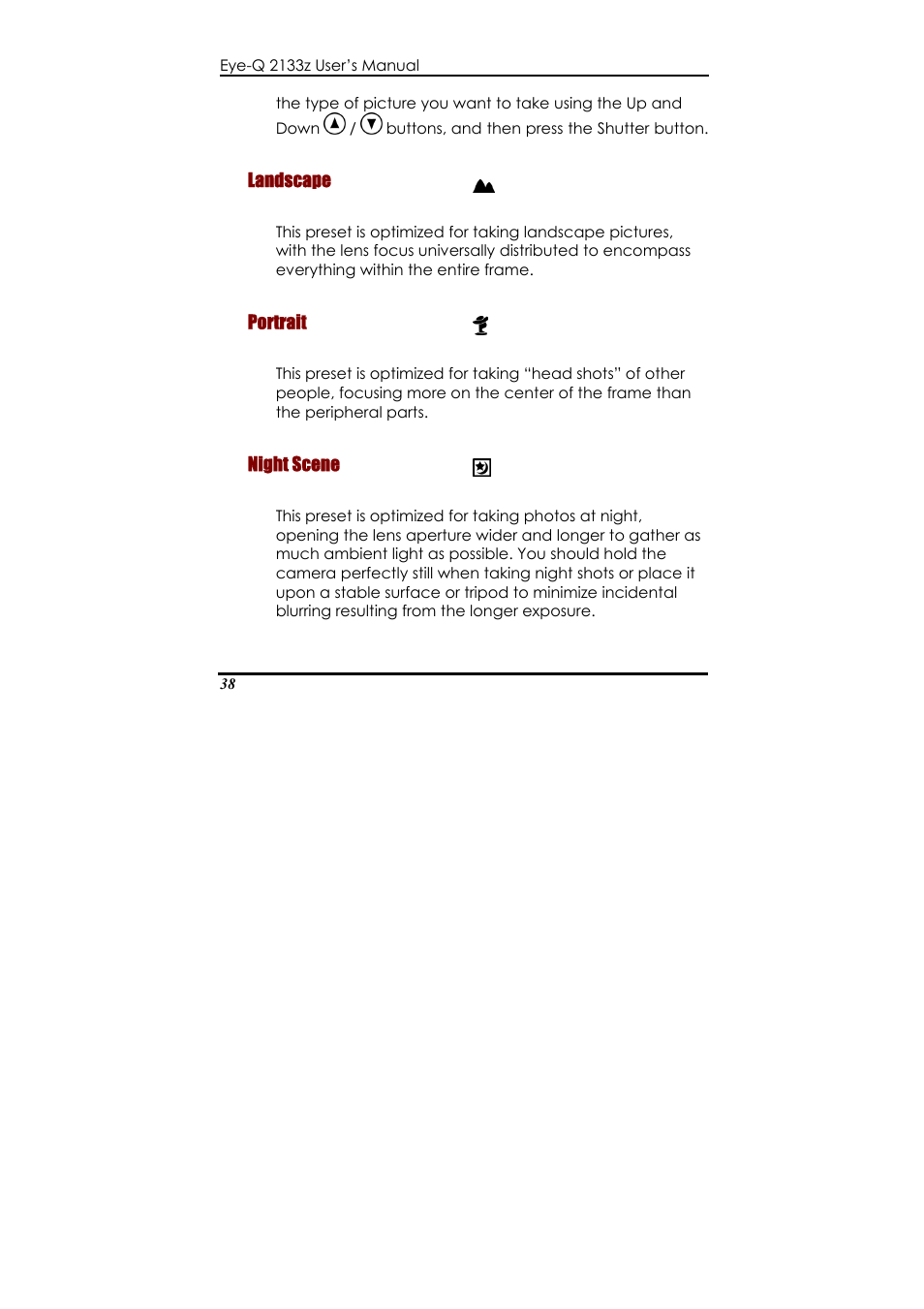 Landscape, Portrait, Night scene | Featu | Concord Camera Eye-Q 2133z User Manual | Page 42 / 60