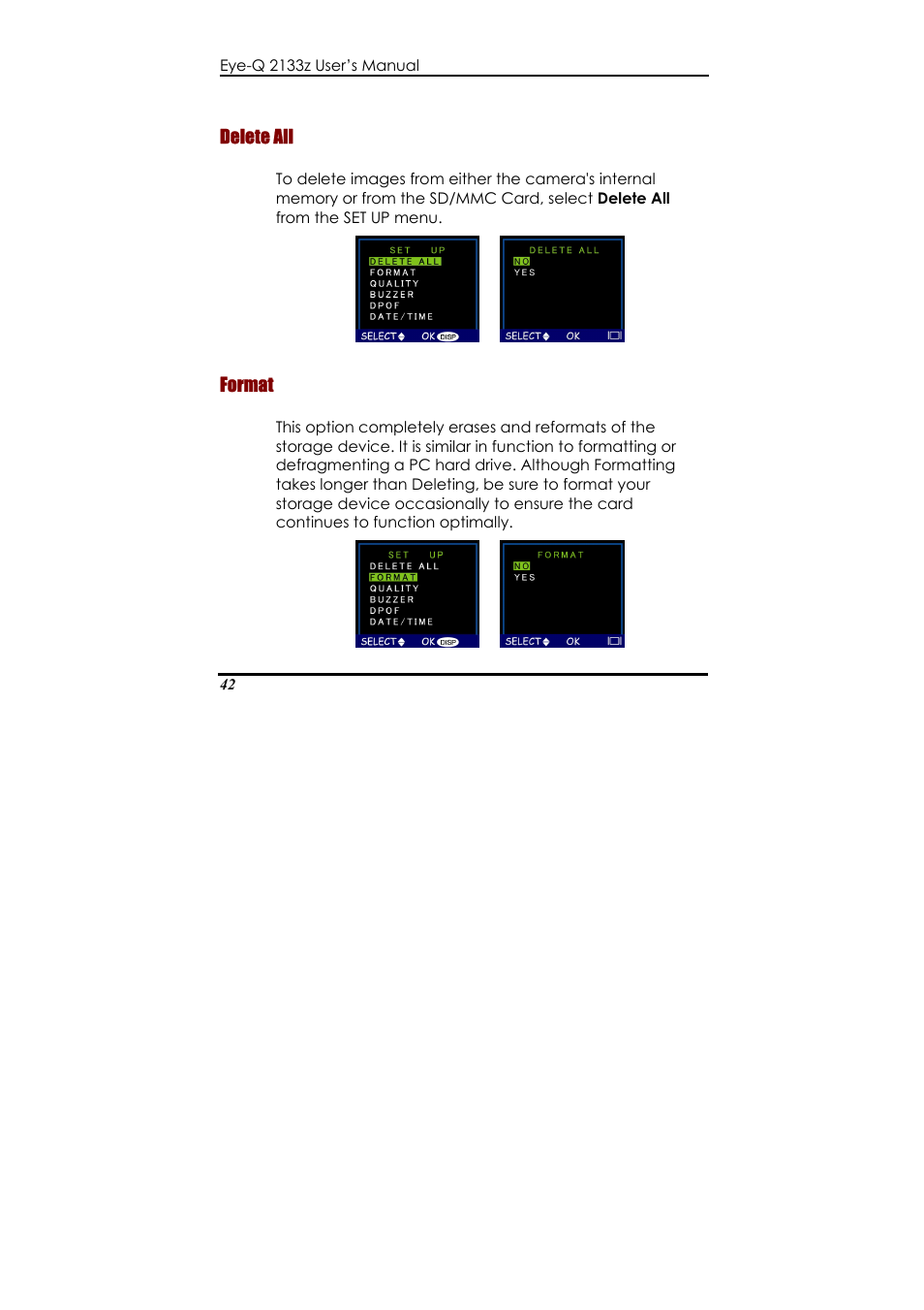 Delete all, Format, Usb 1.1 interface | Concord Camera Eye-Q 2133z User Manual | Page 46 / 60