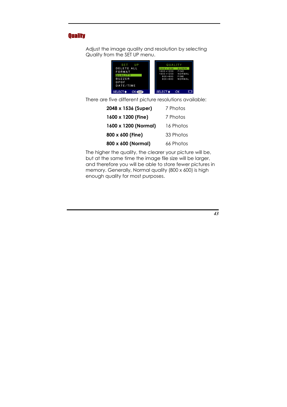 Quality, Auto exposure, user-defined exposure, auto focus | Concord Camera Eye-Q 2133z User Manual | Page 47 / 60