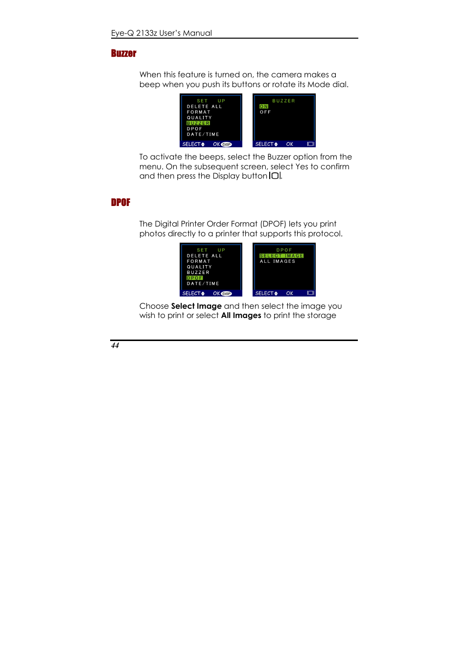 Buzzer, Dpof, Ash: auto / always on / auto flash with auto | Ash with red-eye reduction / off | Concord Camera Eye-Q 2133z User Manual | Page 48 / 60