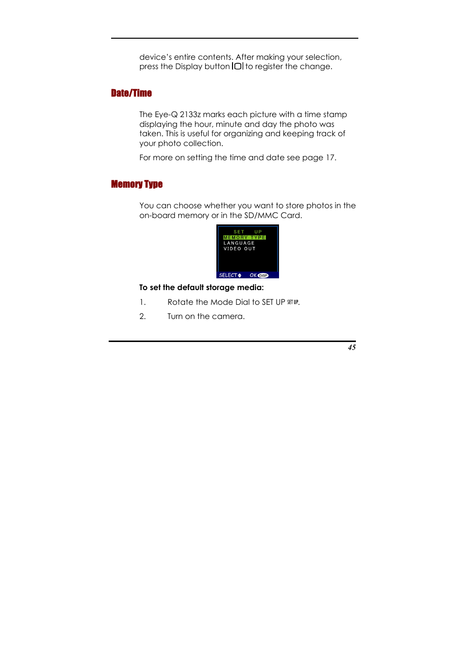 Date/time, Memory type | Concord Camera Eye-Q 2133z User Manual | Page 49 / 60