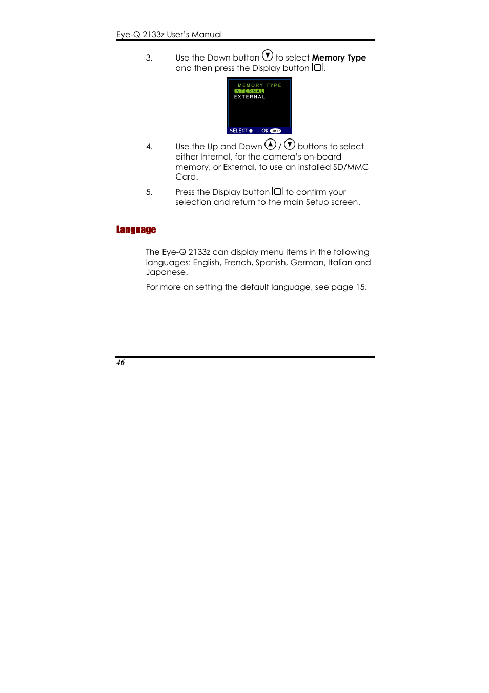 Language, Hite balance modes: auto/ daylight / shade, Ngsten / fluorescent | Concord Camera Eye-Q 2133z User Manual | Page 50 / 60