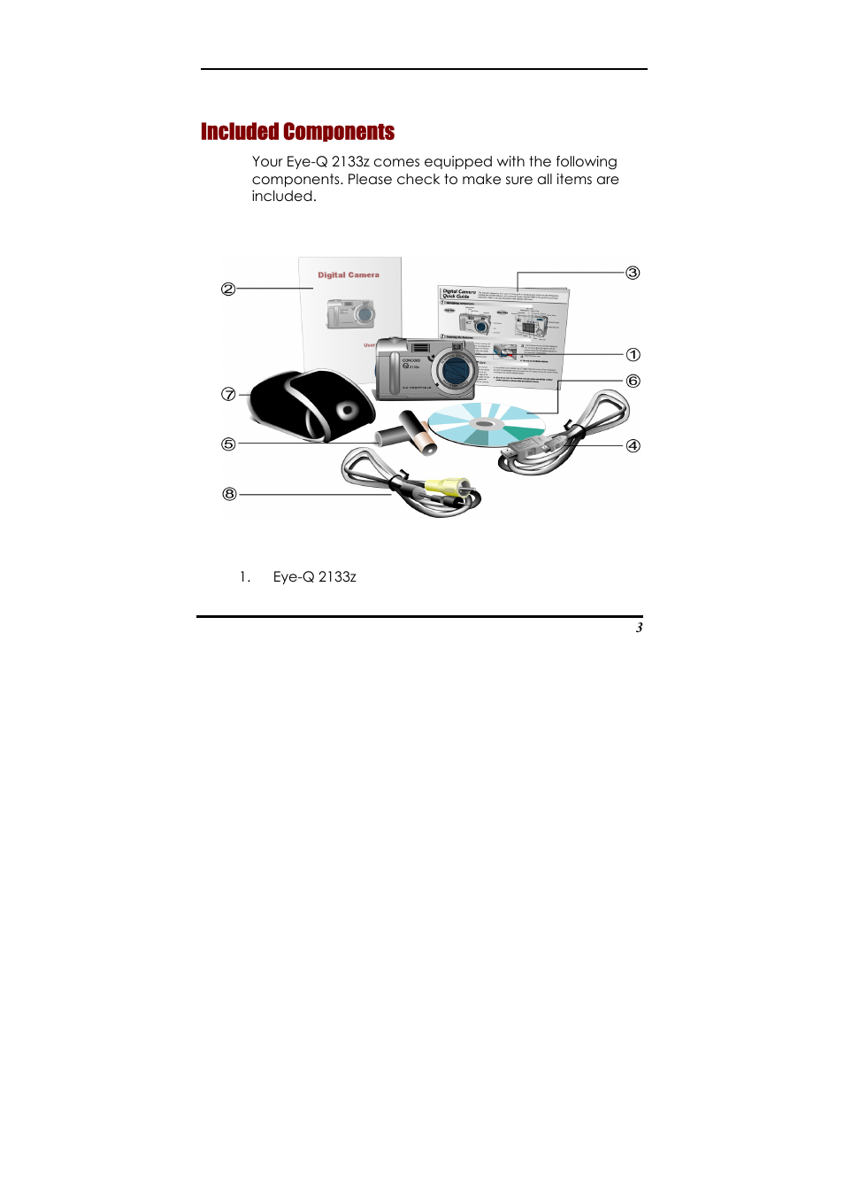 Included components, Chapter 5 – mode / operation guide, Snapshot mode | Concord Camera Eye-Q 2133z User Manual | Page 7 / 60