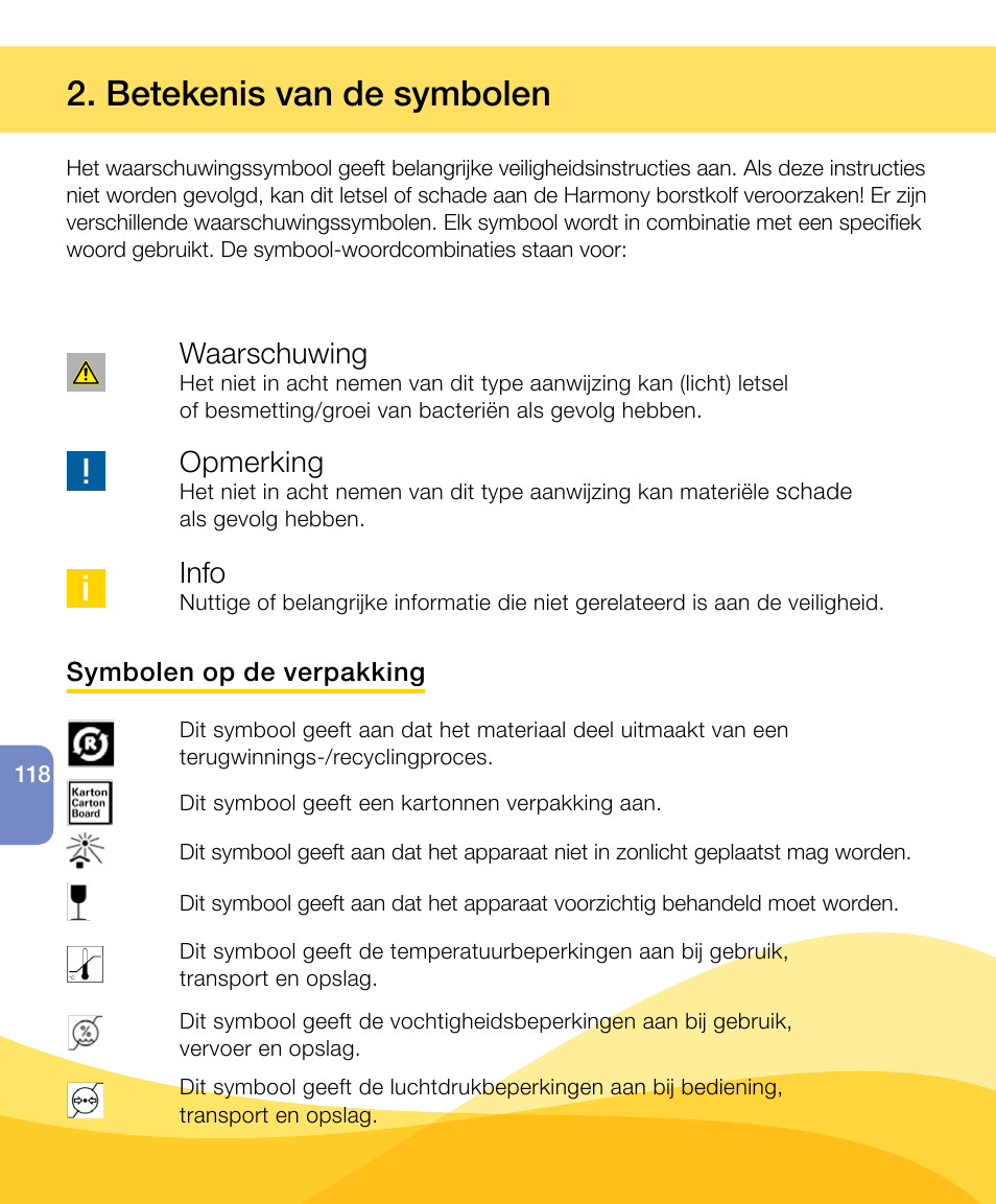 Betekenis van de symbolen, Waarschuwing, Opmerking | Info | Medela Harmony User Manual | Page 118 / 172