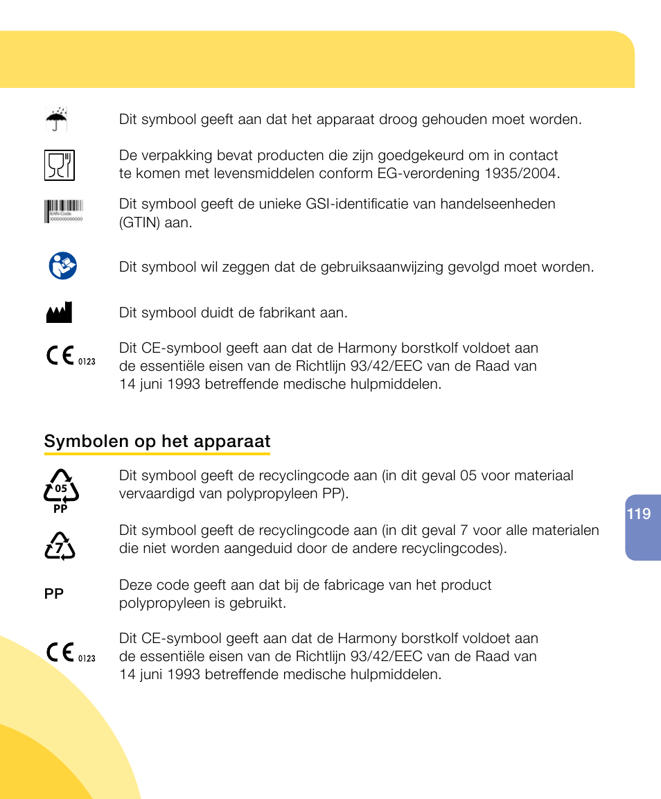 Symbolen op het apparaat | Medela Harmony User Manual | Page 119 / 172