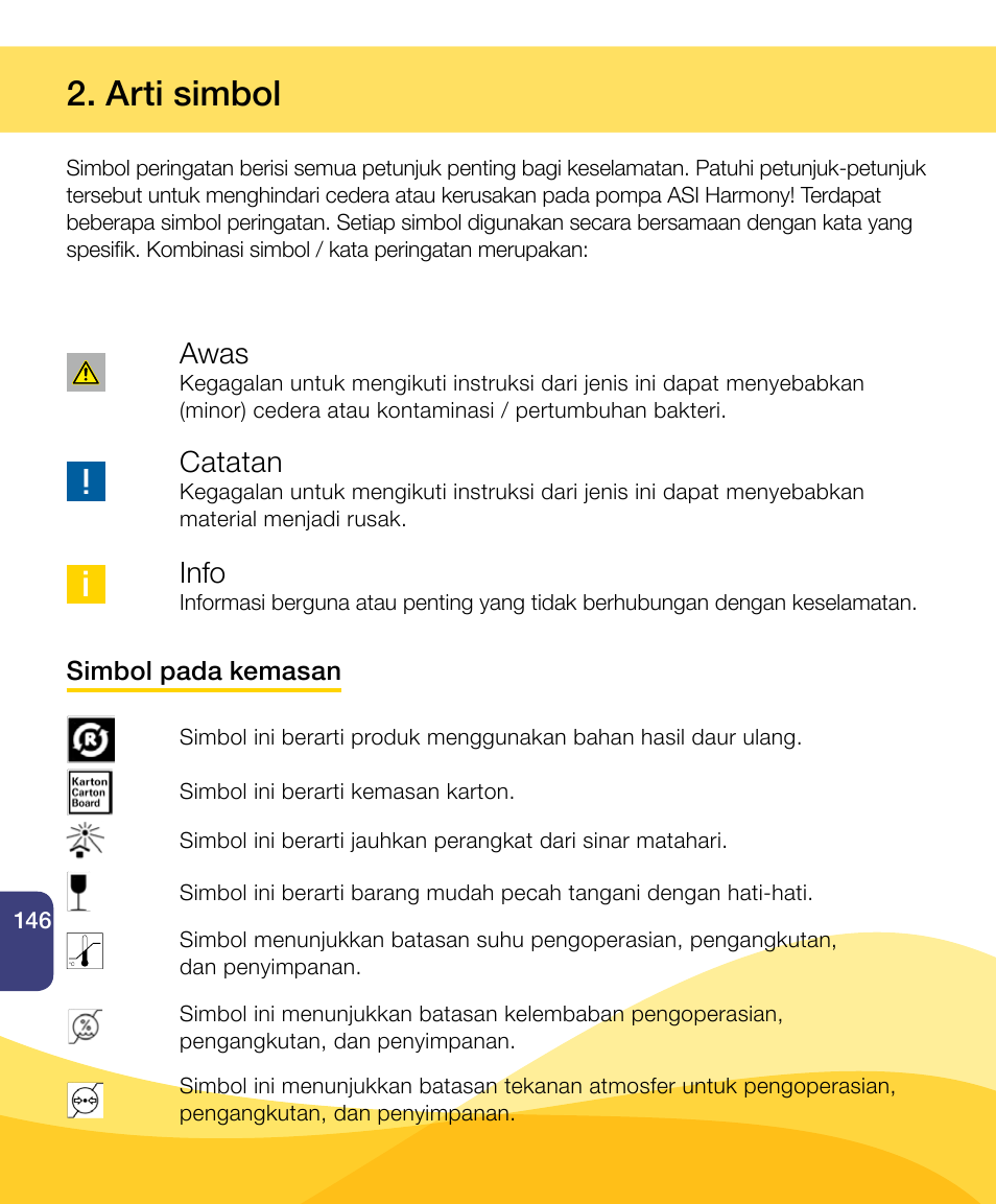 Arti simbol, Awas, Catatan | Info | Medela Harmony User Manual | Page 146 / 172