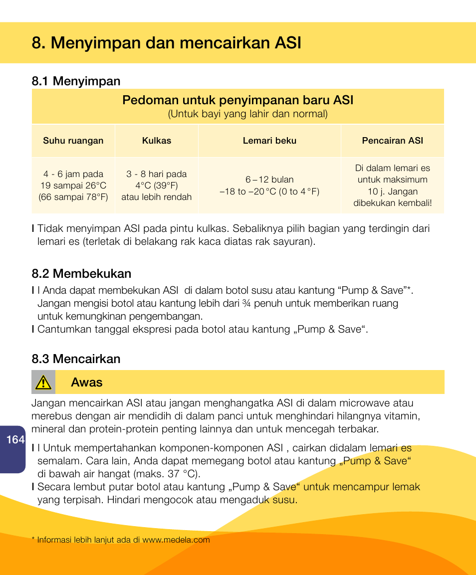 Menyimpan dan mencairkan asi, 1 menyimpan pedoman untuk penyimpanan baru asi, 2 membekukan 8.3 mencairkan | Awas | Medela Harmony User Manual | Page 164 / 172