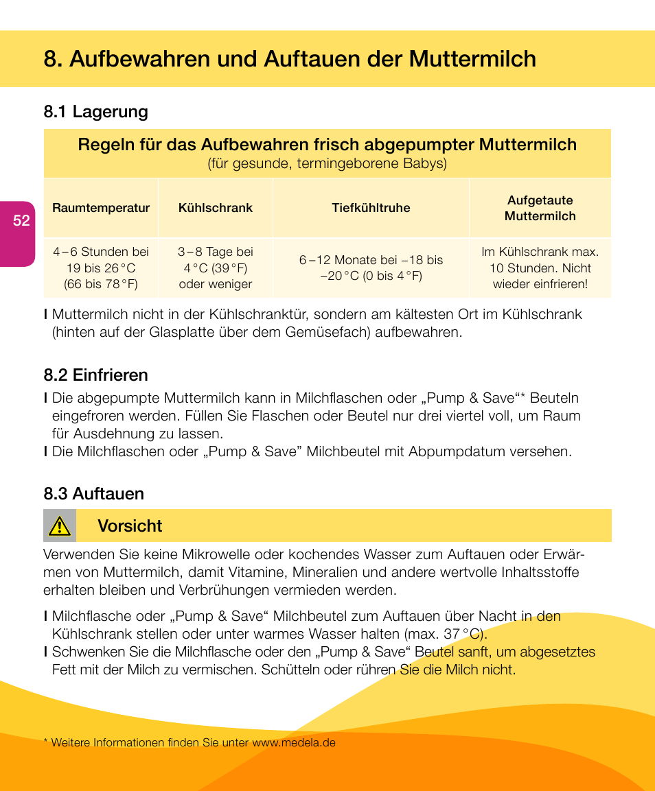 Aufbewahren und auftauen der muttermilch, 2 einfrieren 8.3 auftauen, Vorsicht | Medela Harmony User Manual | Page 52 / 172
