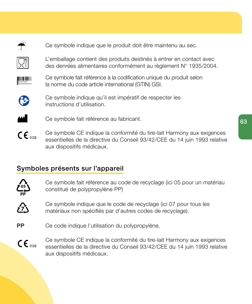Symboles présents sur l’appareil | Medela Harmony User Manual | Page 63 / 172