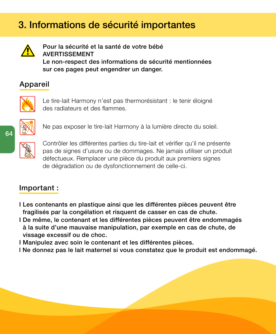 Informations de sécurité importantes | Medela Harmony User Manual | Page 64 / 172