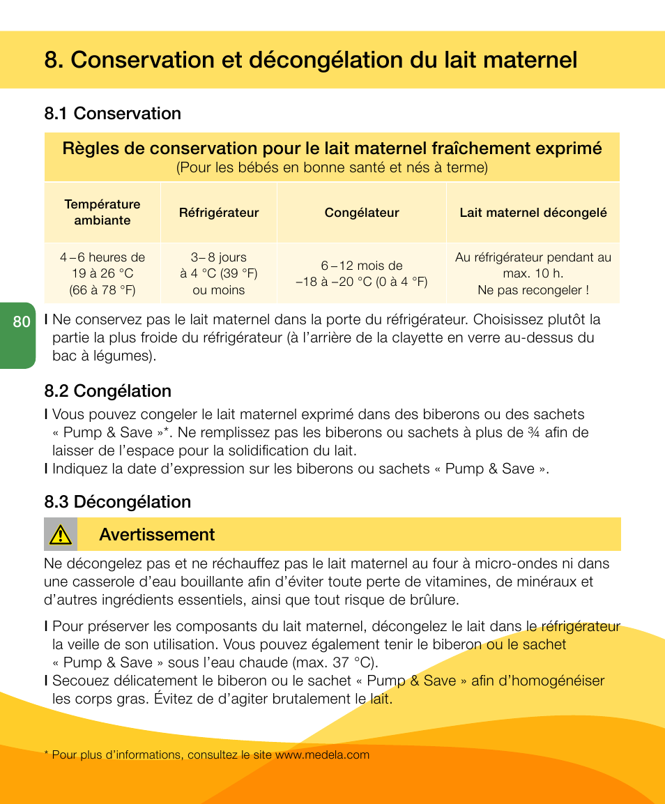 Conservation et décongélation du lait maternel, 2 congélation 8.3 décongélation, Avertissement | Medela Harmony User Manual | Page 80 / 172