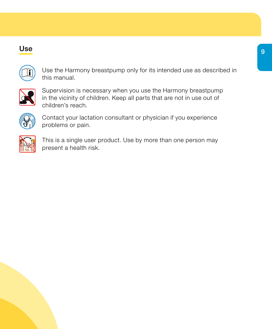 Important safety information | Medela Harmony User Manual | Page 9 / 172