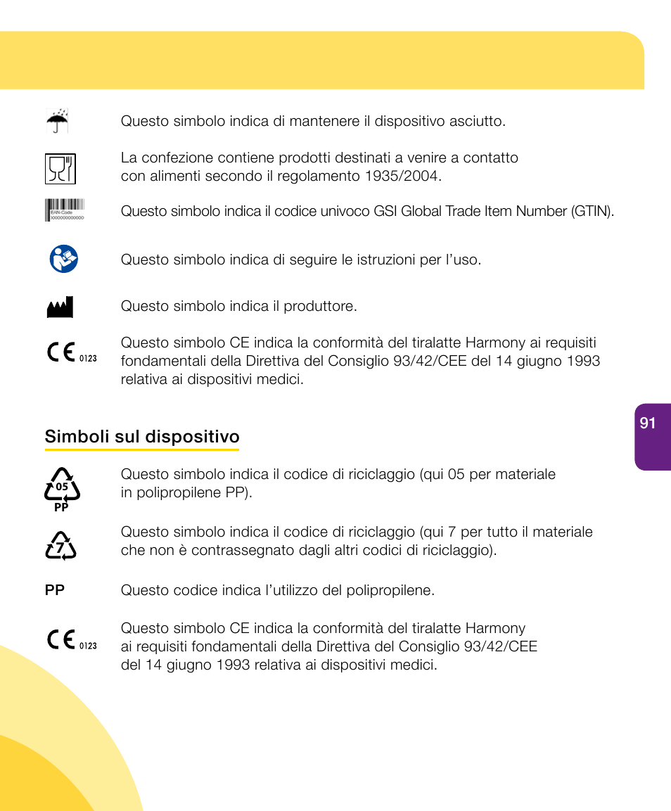 Simboli sul dispositivo | Medela Harmony User Manual | Page 91 / 172