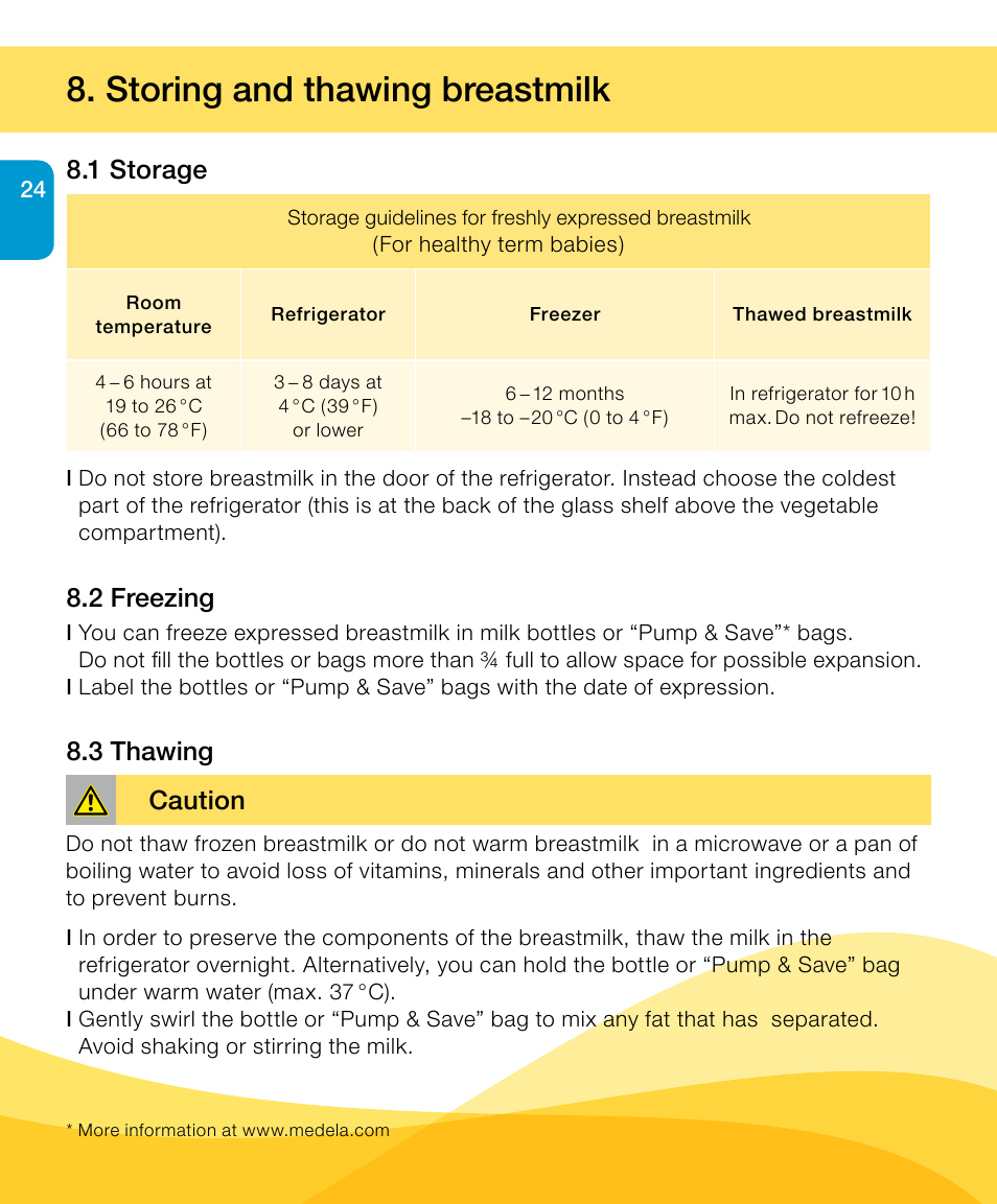 Storing and thawing breastmilk, 1 storage, 2 freezing 8.3 thawing | Caution | Medela Harmony User Manual | Page 24 / 88