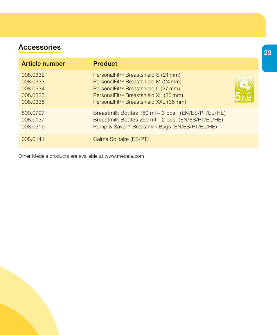 Accessories | Medela Harmony User Manual | Page 29 / 88