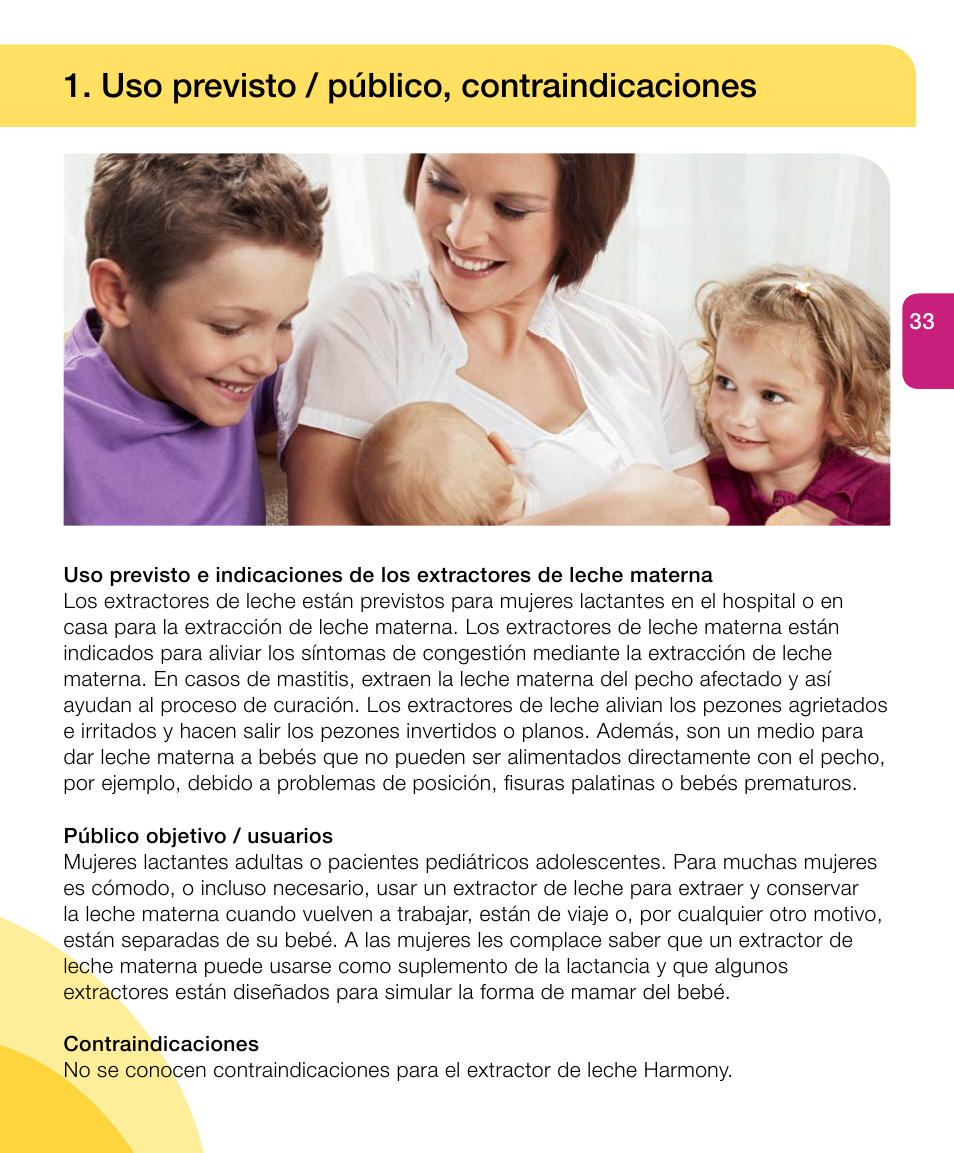 Uso previsto / público, contraindicaciones | Medela Harmony User Manual | Page 33 / 88