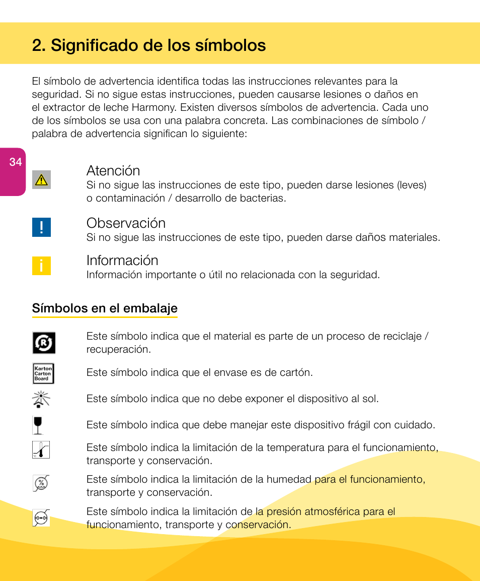 Significado de los símbolos, Atención, Observación | Información | Medela Harmony User Manual | Page 34 / 88