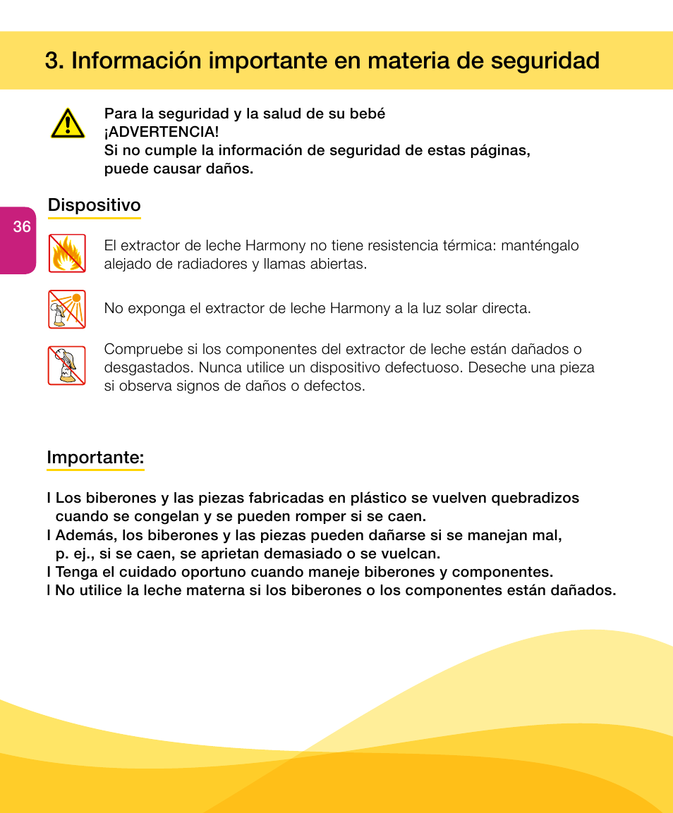 Información importante en materia de seguridad | Medela Harmony User Manual | Page 36 / 88