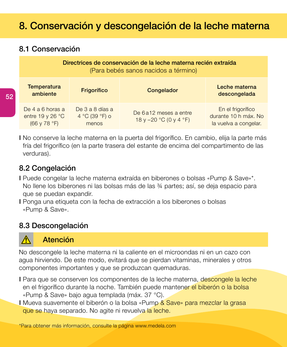 Conservación y descongelación de la leche materna, 1 conservación, 2 congelación 8.3 descongelación | Atención | Medela Harmony User Manual | Page 52 / 88