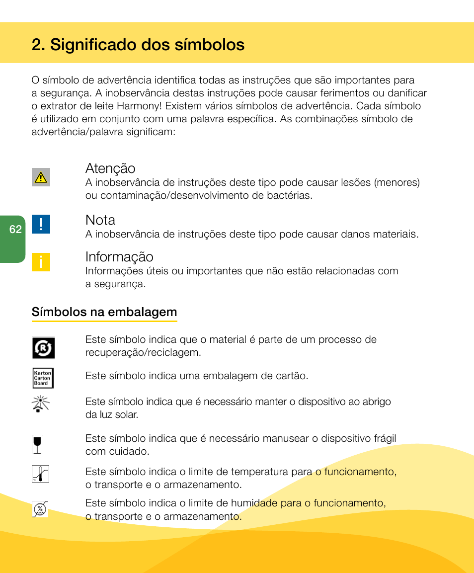 Significado dos símbolos, Atenção, Nota | Informação | Medela Harmony User Manual | Page 62 / 88
