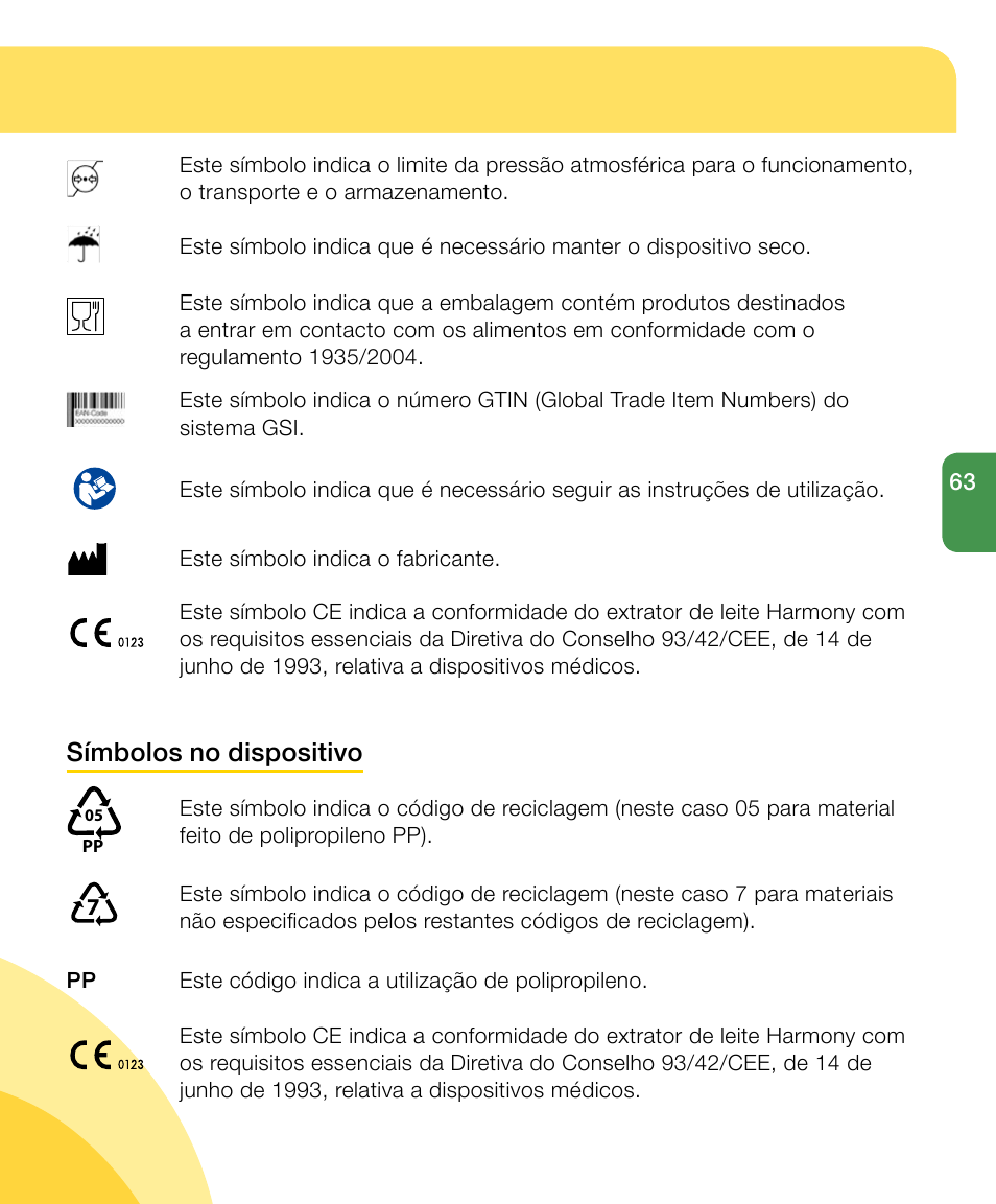 Símbolos no dispositivo | Medela Harmony User Manual | Page 63 / 88