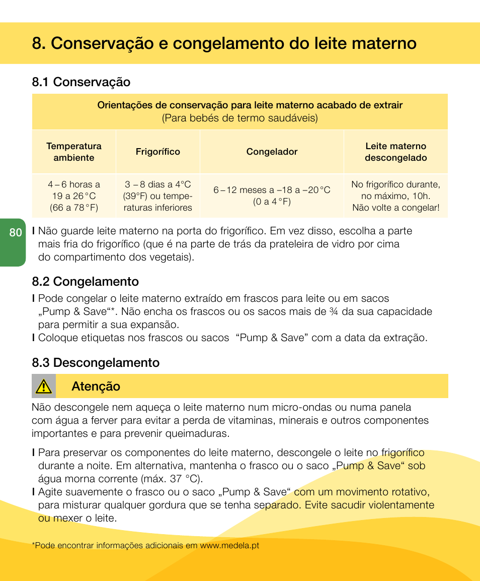 Conservação e congelamento do leite materno, 1 conservação, 2 congelamento 8.3 descongelamento | Atenção | Medela Harmony User Manual | Page 80 / 88