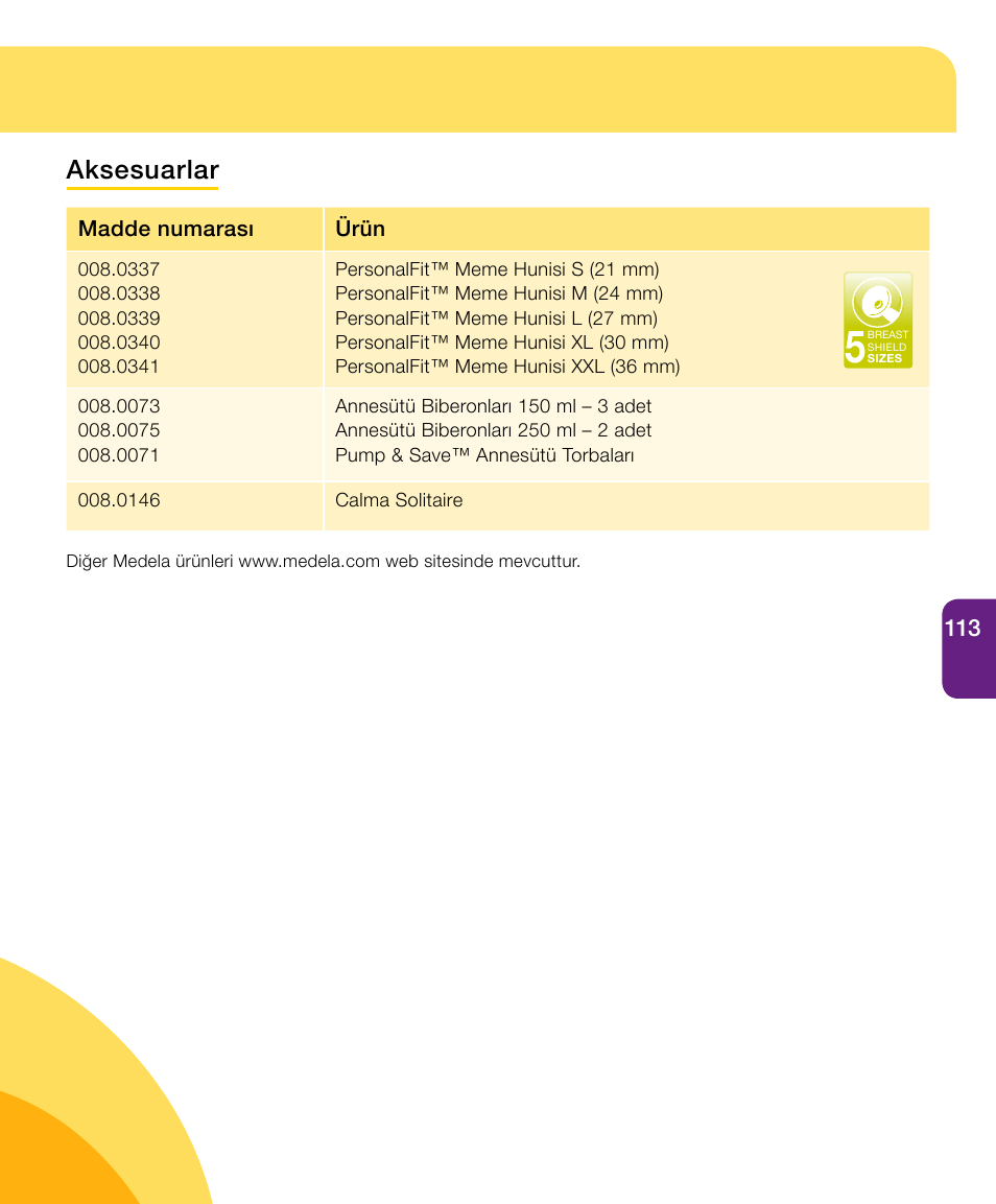 Aksesuarlar | Medela Harmony User Manual | Page 113 / 144