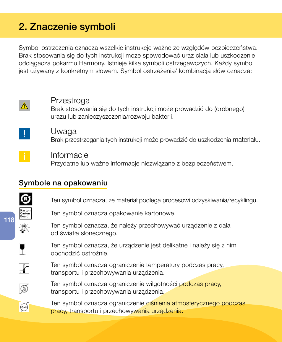 Znaczenie symboli, Przestroga, Uwaga | Informacje | Medela Harmony User Manual | Page 118 / 144