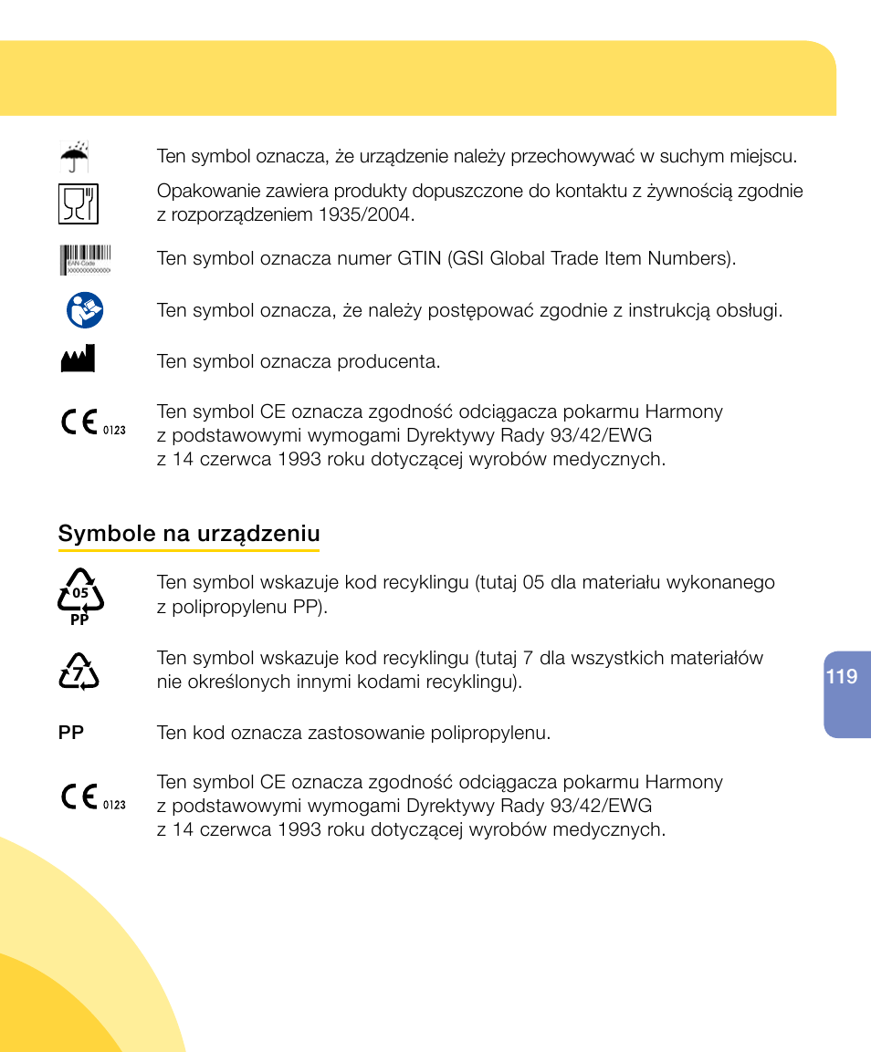 Symbole na urządzeniu | Medela Harmony User Manual | Page 119 / 144