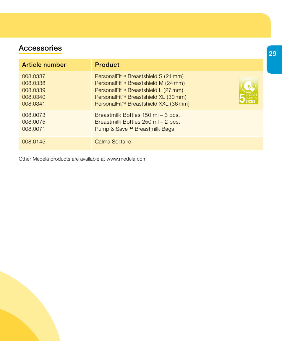 Accessories | Medela Harmony User Manual | Page 29 / 144