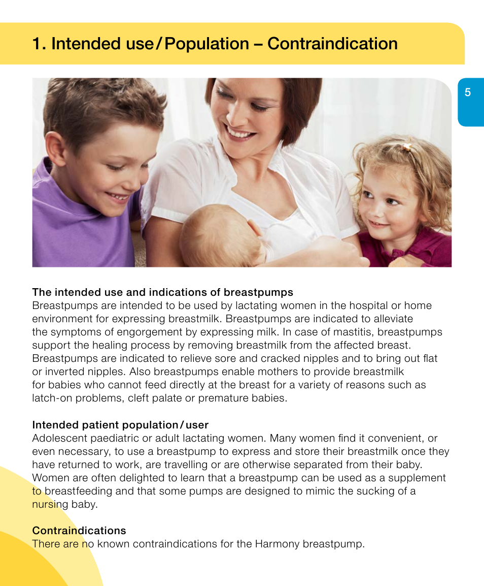 Intended use / population – contraindication | Medela Harmony User Manual | Page 5 / 144