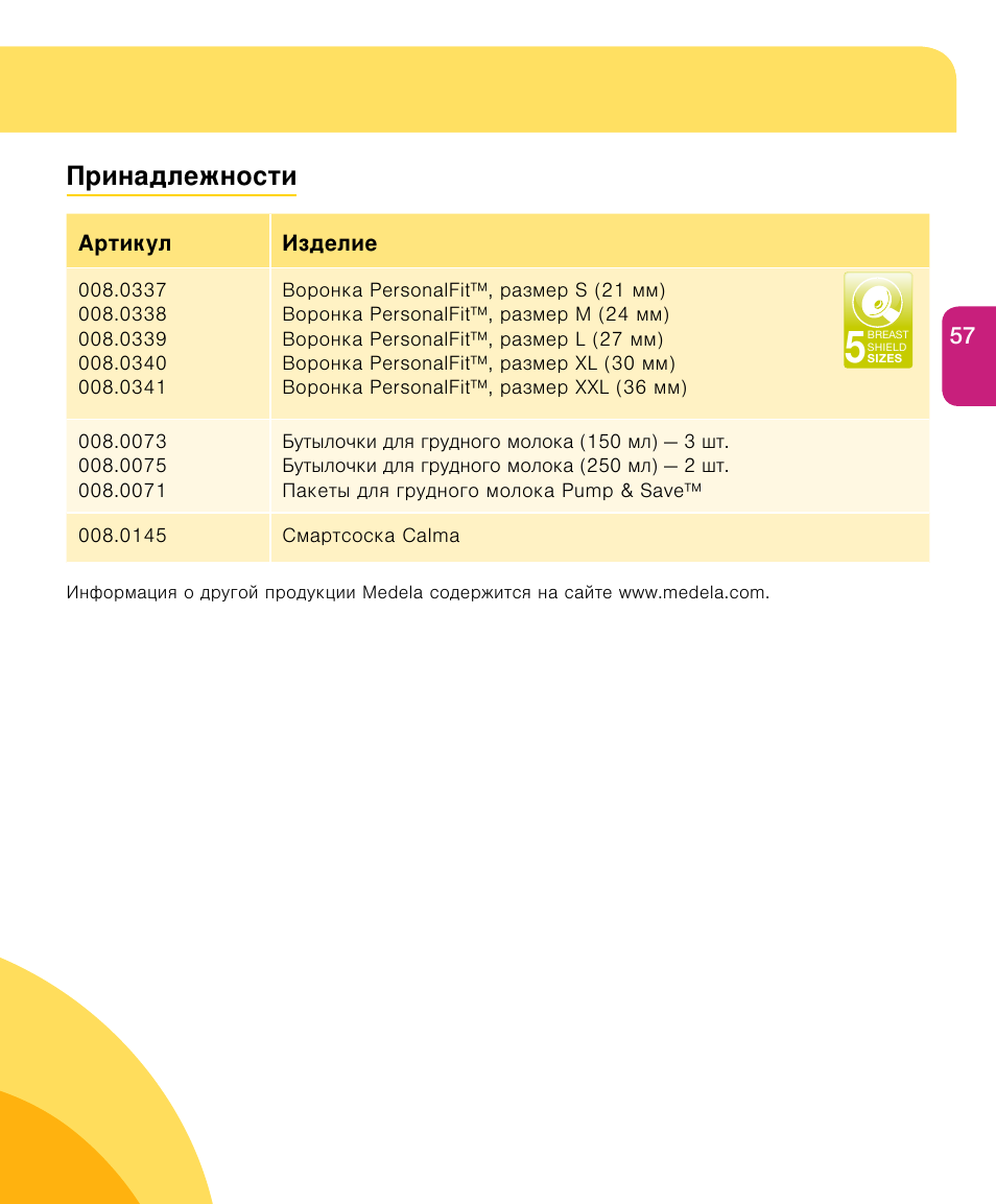 Полное обслуживание в период кормления грудью, Принадлежности | Medela Harmony User Manual | Page 57 / 144