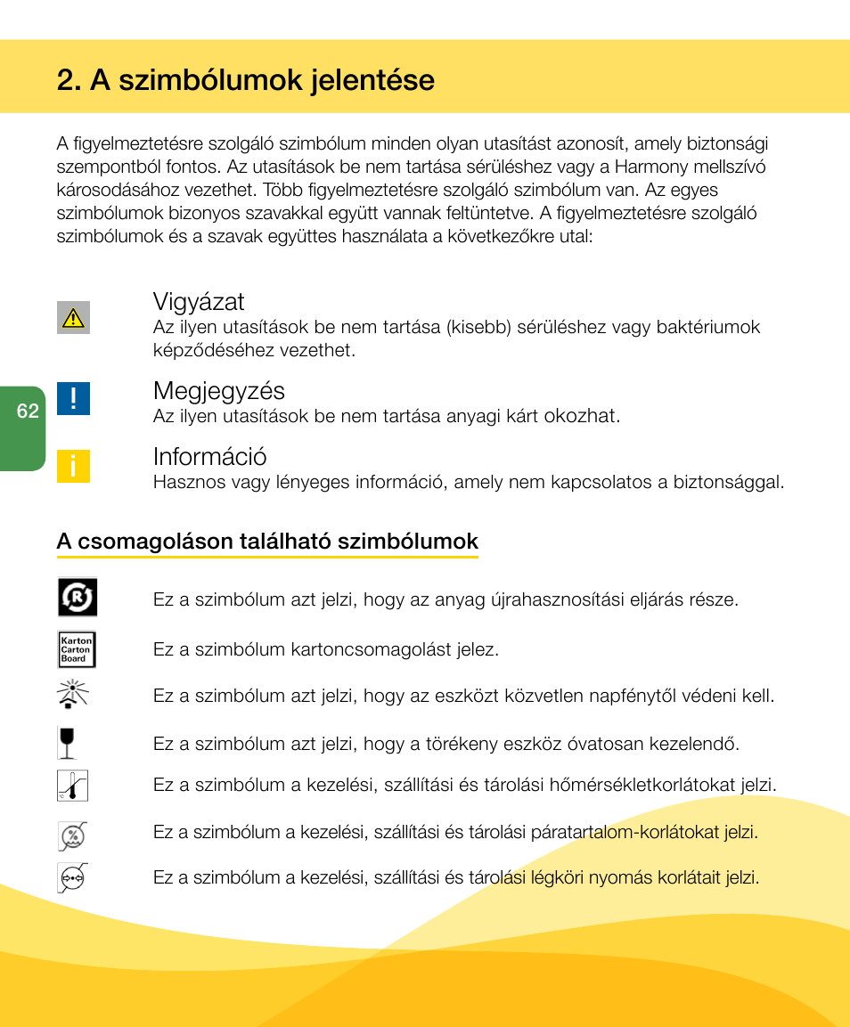 A szimbólumok jelentése, Vigyázat, Megjegyzés | Információ | Medela Harmony User Manual | Page 62 / 144